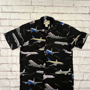 Aviation Print Men's Casual Button-Down Shirt in Black vintage retro